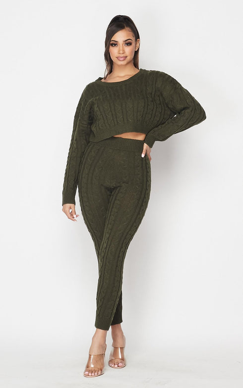 Cable Knit Crop Top and Leggings Set - Olive - SohoGirl.com